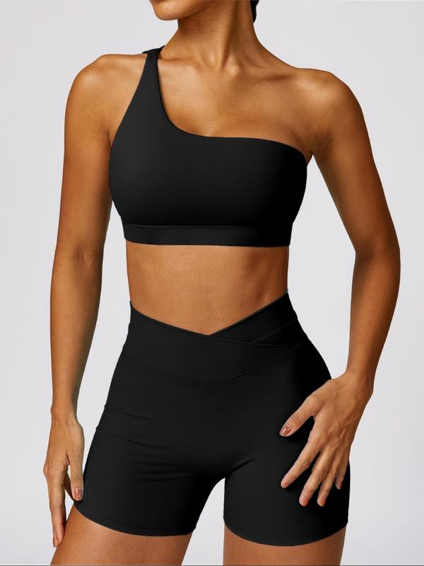 2 Piece Set Women's Basic Solid Backless One Shoulder Sports Bra & Overlap Waist Skinny Shorts Tracksuit Set, Quick Drying Breathable Sport & Outdoor Clothing, Ladies Workout Gym Exercise Clothing, Back To School Clothes, Minimalistic Outfit
