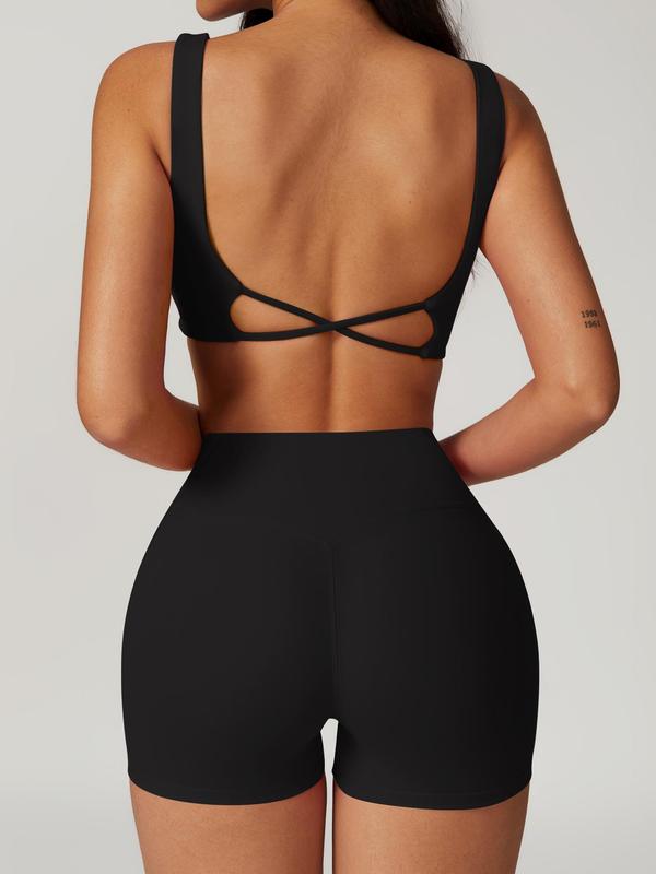 Two-Piece Set Women's Twist Criss Cross Backless Sports Bra & High Waist Biker Shorts Tracksuit Set, Sporty Comfy Breathable Outfits for Workout Yoga Running, Ladies Sportswear for Indoor Outdoor Wear