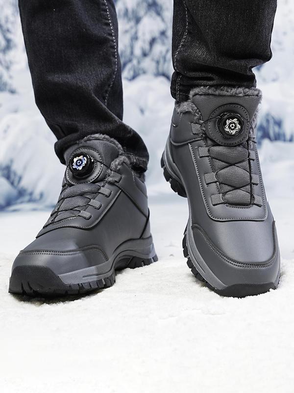 Men's Solid Color Lace Up Hiking  Thermal Lined   Boots, Casual Sporty Warm Snow Boots for Outdoor Activities, Male All-match Sports Shoes for Fall & Winter