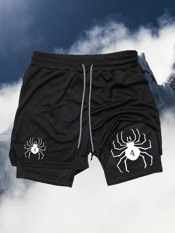 Sporty Men's Spider Print 2-in-1 Towel Loop Design Sports Shorts,  Gym Shorts, Regular Fit Casual Breathable Quick Drying Pocket Drawstring Waist Shorts for Gym Workout Running, Men's Summer Sportswear