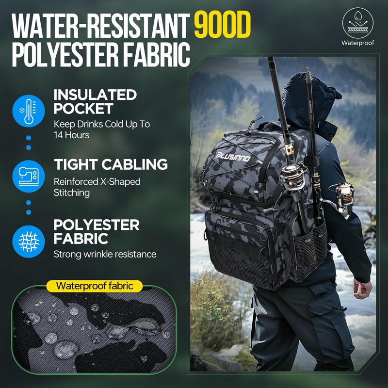 Fishing Backpack with Rod Holders & Cooler, 45L Large Water-resistant Fishing Tackle Bag,Fishing Tackle Backpack Black Camo beyond tackle