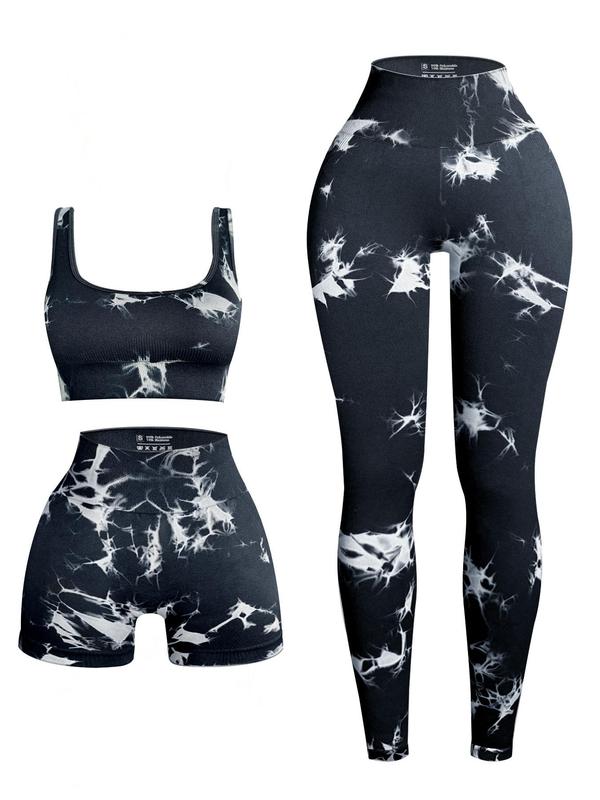 Three-piece Set Women's Tie Dye Print Tracksuit Set, Sporty Scoop Neck Crop Tank Top & High Waist Leggings & Skinny Shorts, Ladies Sportswear for Indoor Outdoor Wear