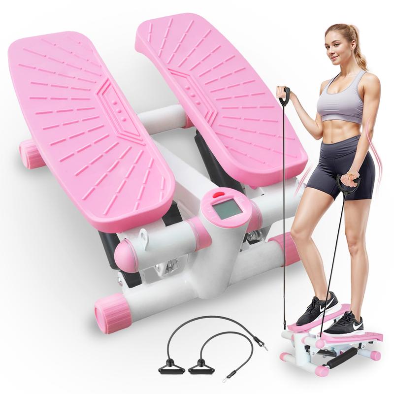 Adjustable Health & Fitness Mini Steppers for Exercise at Home With Resistance Bands, Full Body Cardio Equipment, Smart Fitness stepper with LCD Monitor Pink Stepper