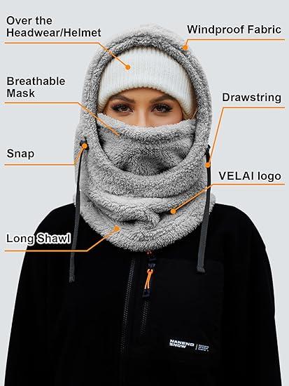 Balaclava Fleece Ski Mask for Men Women Winter Face Masks Windproof Hooded Scarf Cold Weather Hat Neck Warmer - Grey