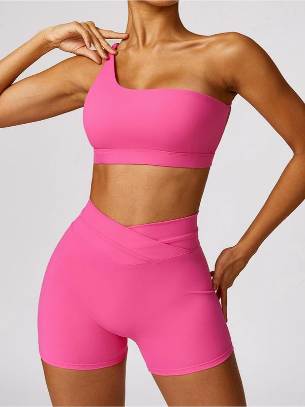 2 Piece Set Women's Basic Solid Backless One Shoulder Sports Bra & Overlap Waist Skinny Shorts Tracksuit Set, Quick Drying Breathable Sport & Outdoor Clothing, Ladies Workout Gym Exercise Clothing, Back To School Clothes, Minimalistic Outfit