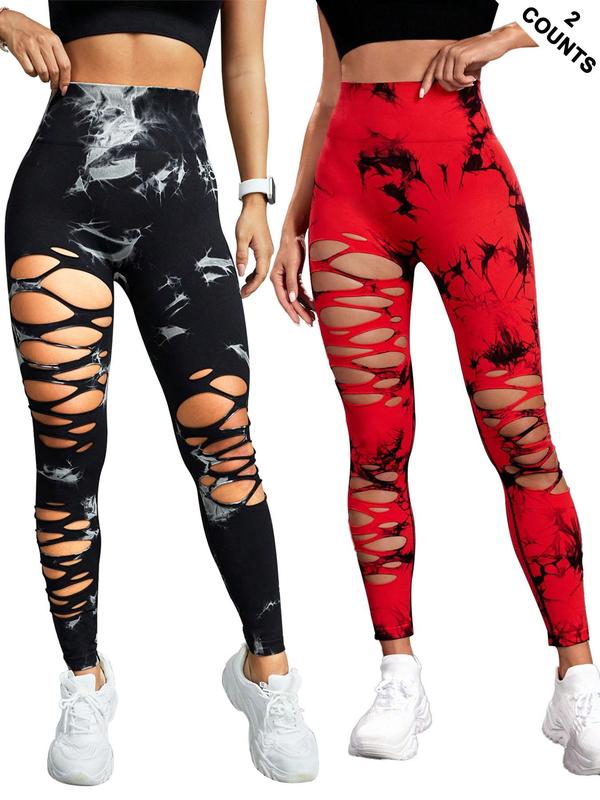 Women's Tie Dye Print Ripped High Waist Sports Leggings, Casual Comfy Breathable Skinny Pants for Yoga Gym Workout Running, Ladies Sportswear for All Seasons, Tummy Control