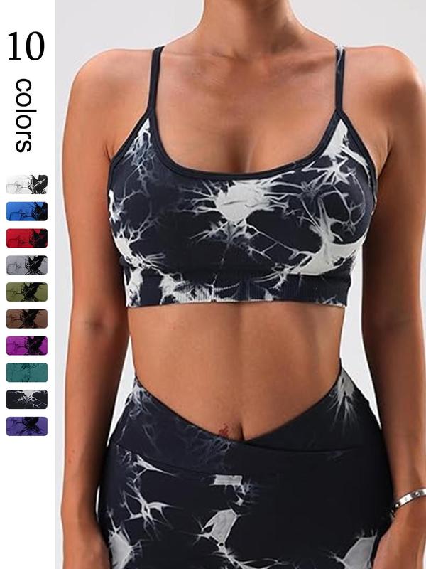 Women's Tie Dye Print Criss Cross Padded Sports Bra, Sporty Comfortable Breathable Adjustable Strap Wireless Bra, Ladies Sportswear for Indoor Outdoor Wear