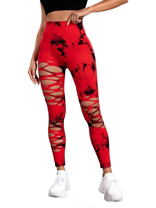 Women's Tie Dye Print Ripped High Waist Sports Leggings, Casual Comfy Breathable Skinny Pants for Yoga Gym Workout Running, Ladies Sportswear for All Seasons, Tummy Control