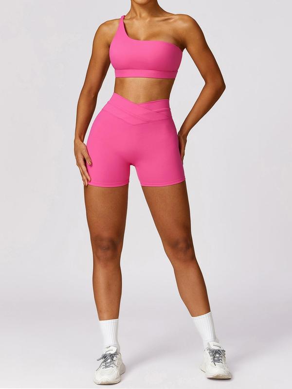 2 Piece Set Women's Basic Solid Backless One Shoulder Sports Bra & Overlap Waist Skinny Shorts Tracksuit Set, Quick Drying Breathable Sport & Outdoor Clothing, Ladies Workout Gym Exercise Clothing, Back To School Clothes, Minimalistic Outfit