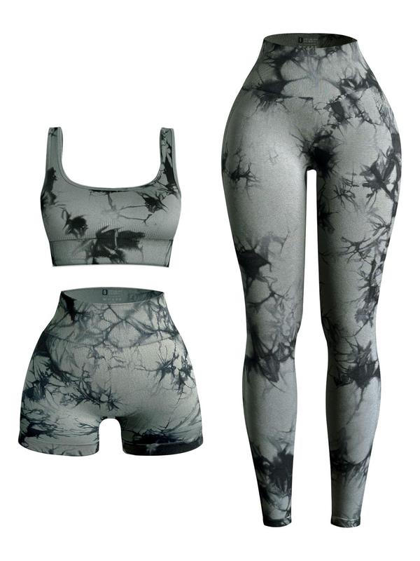 Three-piece Set Women's Tie Dye Print Tracksuit Set, Sporty Scoop Neck Crop Tank Top & High Waist Leggings & Skinny Shorts, Ladies Sportswear for Indoor Outdoor Wear