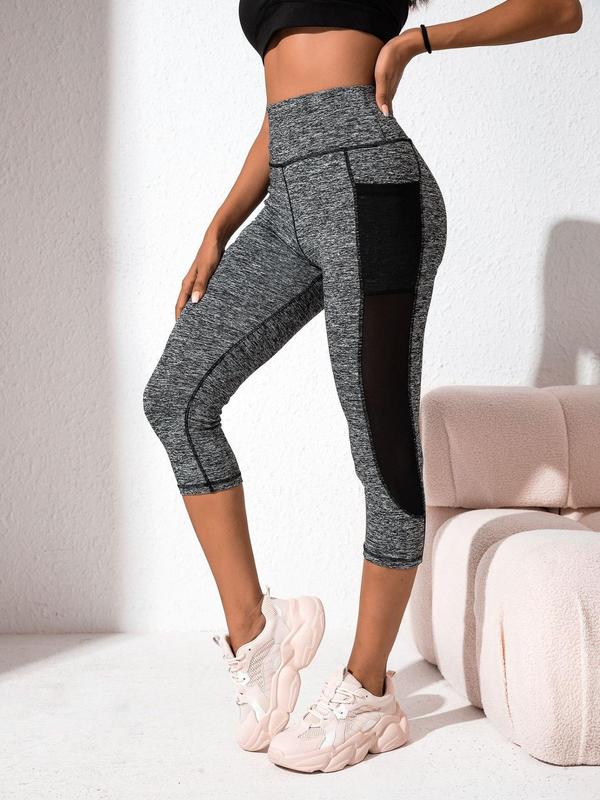 Women's Contrast Mesh Pocket High Waist Sports Capris Leggings, Skinny Capris Pants, High Stretch Seamless Yoga Leggings, Ladies Sportswear Clothing for Indoor Outdoor Wear