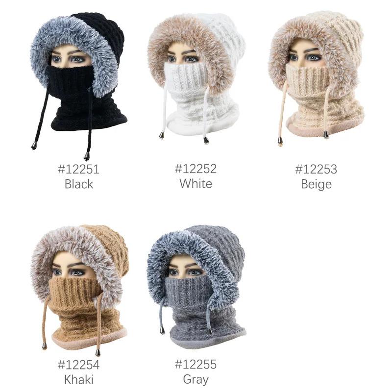 New Women Winter Knitted Woolen Balaclava Hat Ear Protection Mask Neck Integrated Warmth Cover Hat Outdoor Hike Cycling Cap