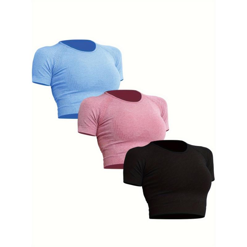 3pcs Women's Workout Crop Top, Seamless Sports Yoga Fitness Tight T-Shirt, Women's Tops