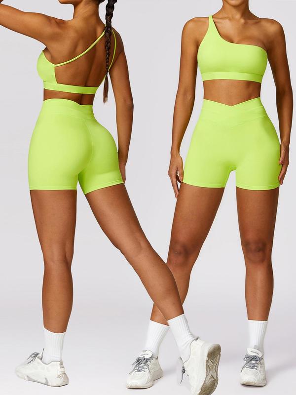 2 Piece Set Women's Basic Solid Backless One Shoulder Sports Bra & Overlap Waist Skinny Shorts Tracksuit Set, Quick Drying Breathable Sport & Outdoor Clothing, Ladies Workout Gym Exercise Clothing, Back To School Clothes, Minimalistic Outfit