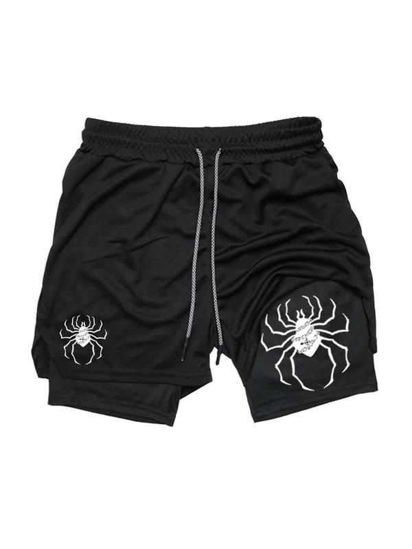 Sporty Men's Spider Print 2-in-1 Towel Loop Design Sports Shorts,  Gym Shorts, Regular Fit Casual Breathable Quick Drying Pocket Drawstring Waist Shorts for Gym Workout Running, Men's Summer Sportswear