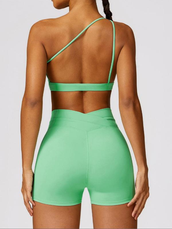 2 Piece Set Women's Basic Solid Backless One Shoulder Sports Bra & Overlap Waist Skinny Shorts Tracksuit Set, Quick Drying Breathable Sport & Outdoor Clothing, Ladies Workout Gym Exercise Clothing, Back To School Clothes, Minimalistic Outfit