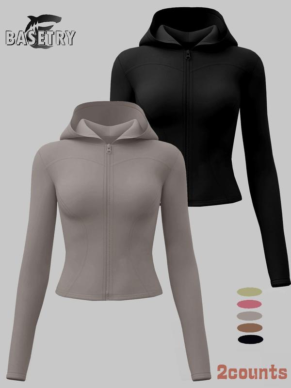 Women's Solid Thumb Hole Zip Up Sports Jacket, Long Sleeve Sports Zip Front Hooded Top, Ladies Sportswear for Indoor Outdoor Wear