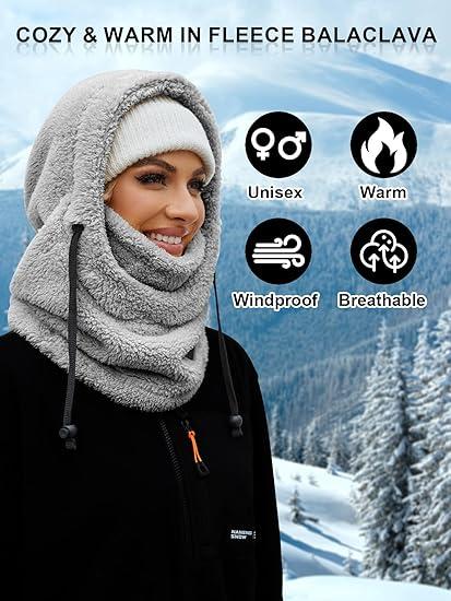 Balaclava Fleece Ski Mask for Men Women Winter Face Masks Windproof Hooded Scarf Cold Weather Hat Neck Warmer - Grey