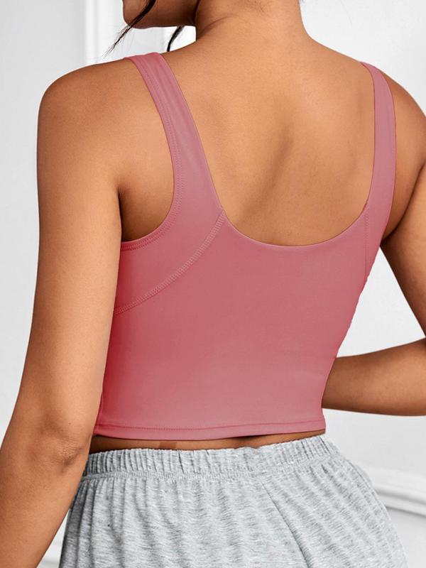 Women's Solid Round Neck Racer Back Crop Vest, Sporty Breathable Comfortable Padded Tank Top for Yoga Gym Workout, Ladies Sportswear for All Seasons, Fall Outfits, Fallfreshness