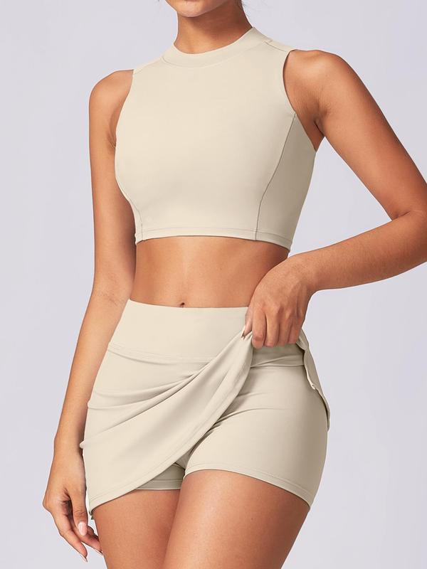 Two-Piece Set Women's Solid Round Neck Crop Tank Top & 2 in 1 High Waist Skort Set, Fall Outfits, Sporty Breathable Two-piece Outfits for Yoga Gym Workout, Ladies Fall Sportswear for Indoor Outdoor Wear, Minimalistic Outfit, 90s Clothes