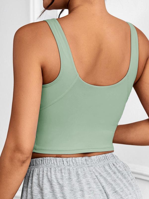 Women's Solid Round Neck Racer Back Crop Vest, Sporty Breathable Comfortable Padded Tank Top for Yoga Gym Workout, Ladies Sportswear for All Seasons, Fall Outfits, Fallfreshness