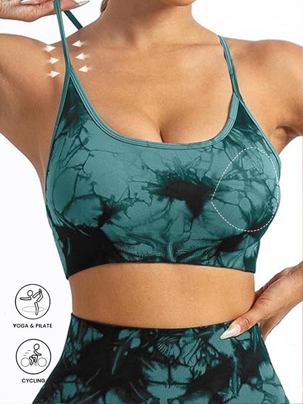 Women's Tie Dye Print Criss Cross Padded Sports Bra, Sporty Comfortable Breathable Adjustable Strap Wireless Bra, Ladies Sportswear for Indoor Outdoor Wear