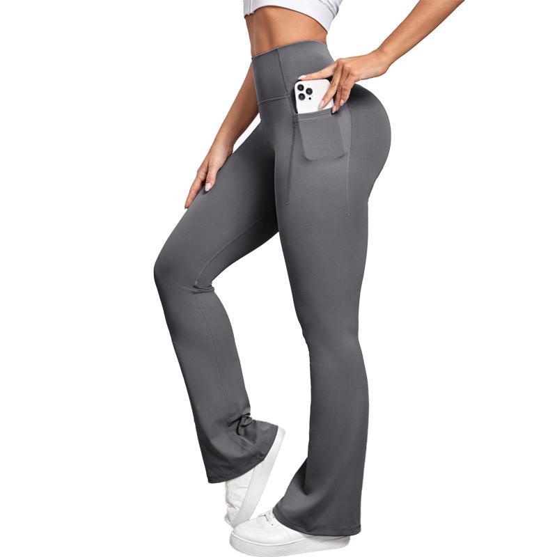 Women's Solid Color Flare Leg Gym Fitness Leggings with pocket- Stretch Sports Activewear Pants