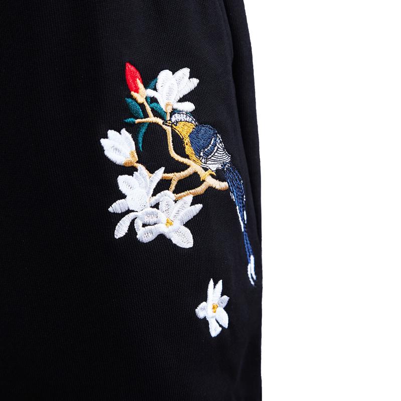 Niepce Black Embroidery Bird and Flowers Jogger Pants Japanese Streetwear Unisex Sweatpants