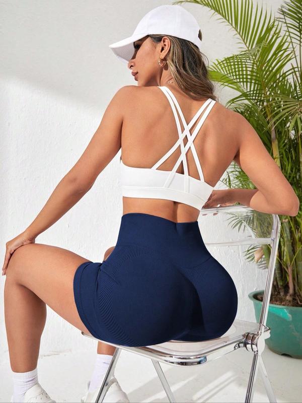 Women's Solid Color Ribbed High Waist Sports Short Leggings, Quick Drying Breathable Comfortable Skinny Shorts, Ladies Sportswear for Indoor Outdoor Wear