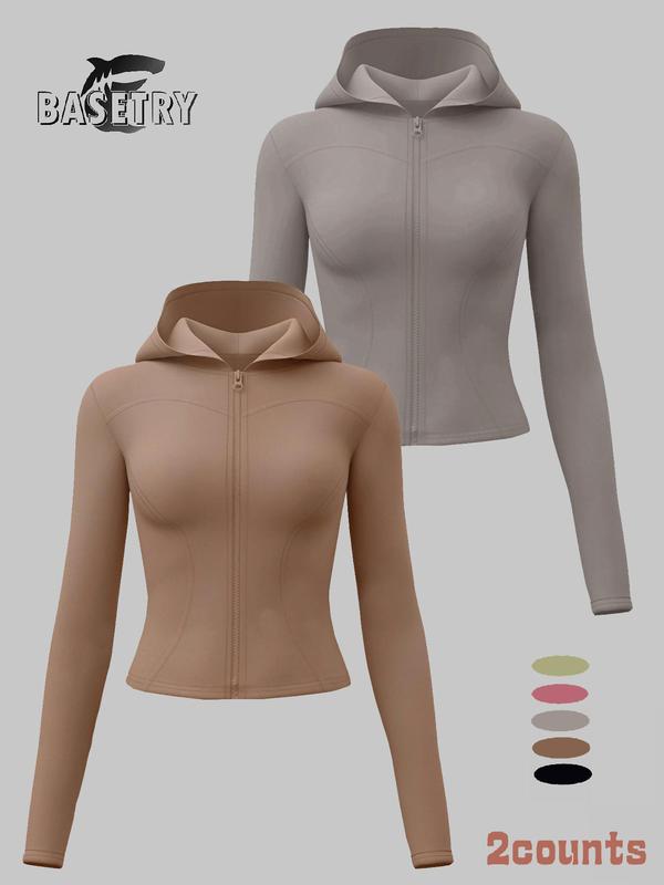 Women's Solid Thumb Hole Zip Up Sports Jacket, Long Sleeve Sports Zip Front Hooded Top, Ladies Sportswear for Indoor Outdoor Wear