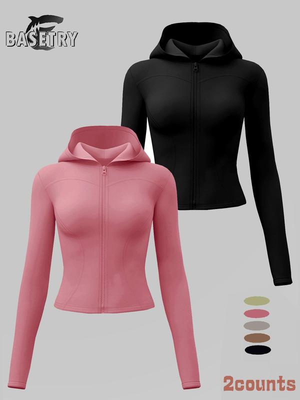 Women's Solid Thumb Hole Zip Up Sports Jacket, Long Sleeve Sports Zip Front Hooded Top, Ladies Sportswear for Indoor Outdoor Wear