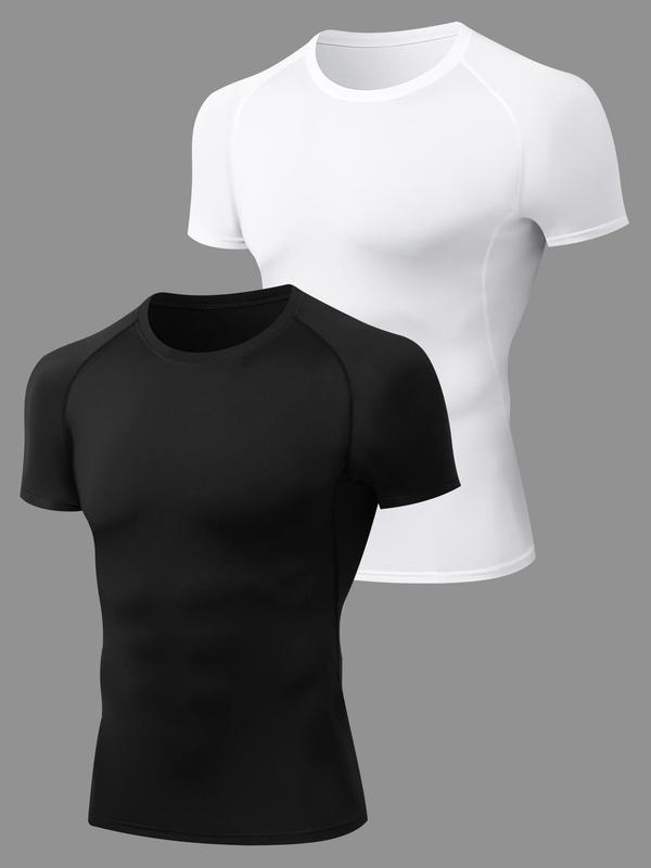 Men's 2pcs Solid Round Neck Sports Tee, Quick Drying Breathable Crew Neck Short Sleeve T-shirt, Casual Sporty Top for Summer