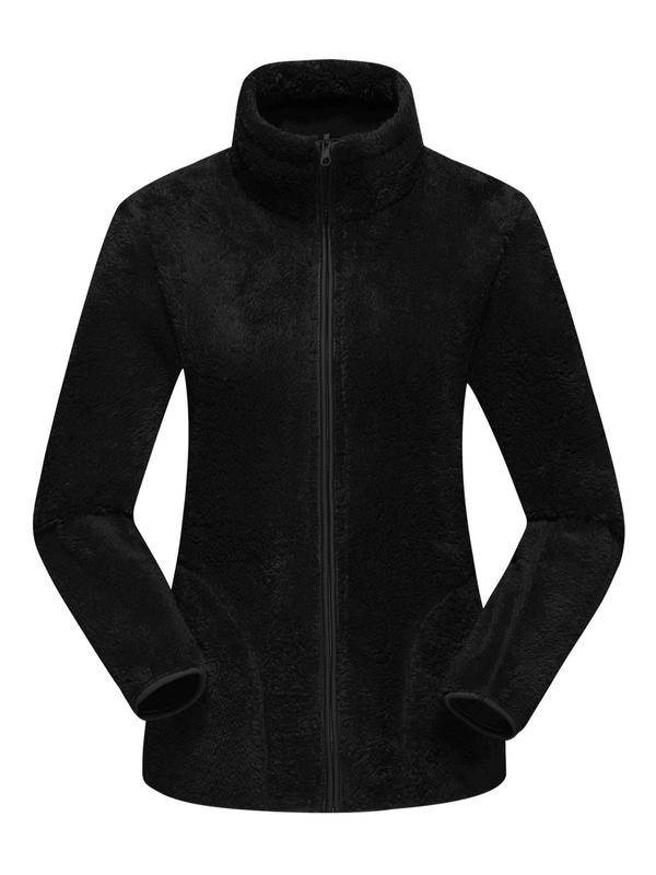 Women's Solid Zip Up Thermal Ski Fleece Jacket, Casual Long Sleeve Pocket Funnel Neck Outerwear for Fall & Winter, Ladies Sportswear for Outdoor Hiking