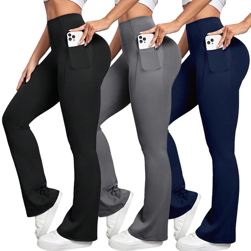 Women's Solid Color Flare Leg Gym Fitness Leggings with pocket- Stretch Sports Activewear Pants