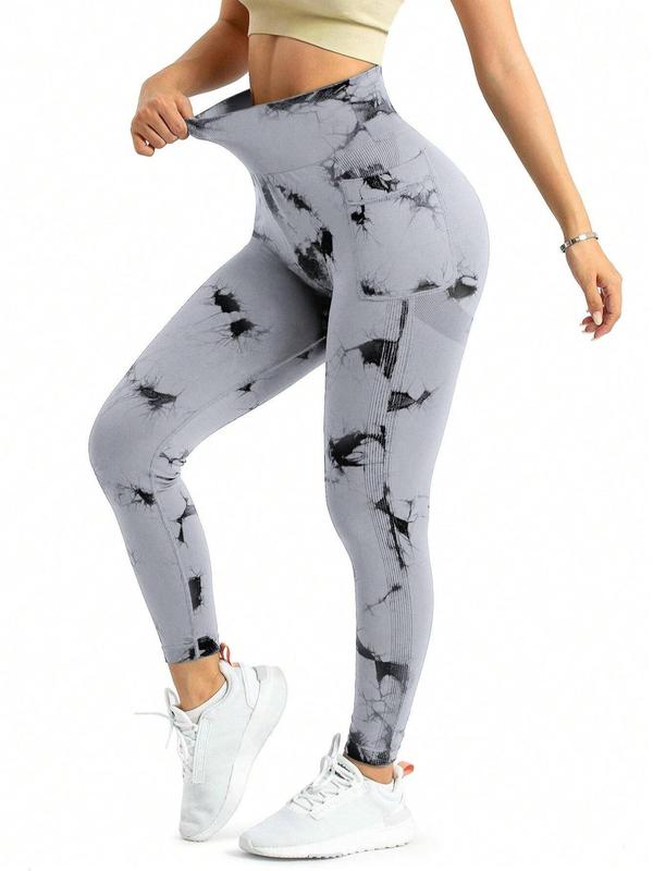 Women's Tie Dye Print Pocket Sports Leggings, Sporty Casual Comfy Breathable High Waist Skinny Pants for Yoga Gym Workout Running, Ladies Sportswear for All Seasons