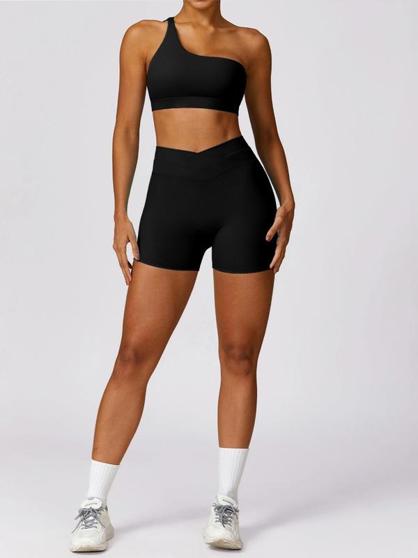 2 Piece Set Women's Basic Solid Backless One Shoulder Sports Bra & Overlap Waist Skinny Shorts Tracksuit Set, Quick Drying Breathable Sport & Outdoor Clothing, Ladies Workout Gym Exercise Clothing, Back To School Clothes, Minimalistic Outfit