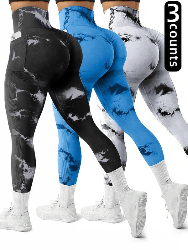 Women's Tie Dye Print Pocket Sports Leggings, Sporty Casual Comfy Breathable High Waist Skinny Pants for Yoga Gym Workout Running, Ladies Sportswear for All Seasons