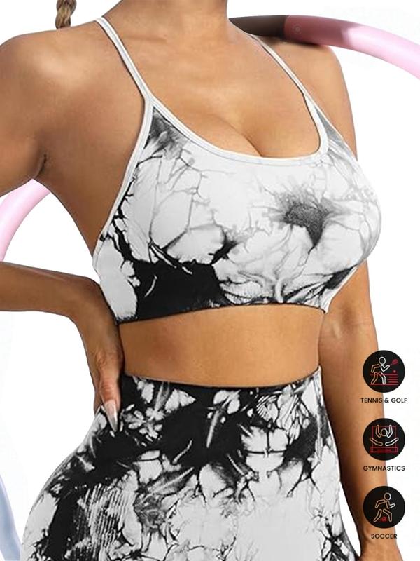 Women's Tie Dye Print Criss Cross Padded Sports Bra, Sporty Comfortable Breathable Adjustable Strap Wireless Bra, Ladies Sportswear for Indoor Outdoor Wear