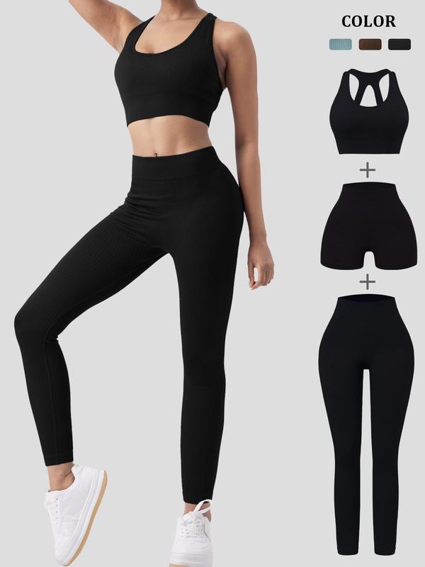 Three-piece Set Women's Solid Backless Crop Tank Top & High Waist Leggings & Skinny Shorts Set, High Stretch Seamless Comfy Breathable Sports Outfits for Yoga Gym Workout Running, Ladies Sportswear