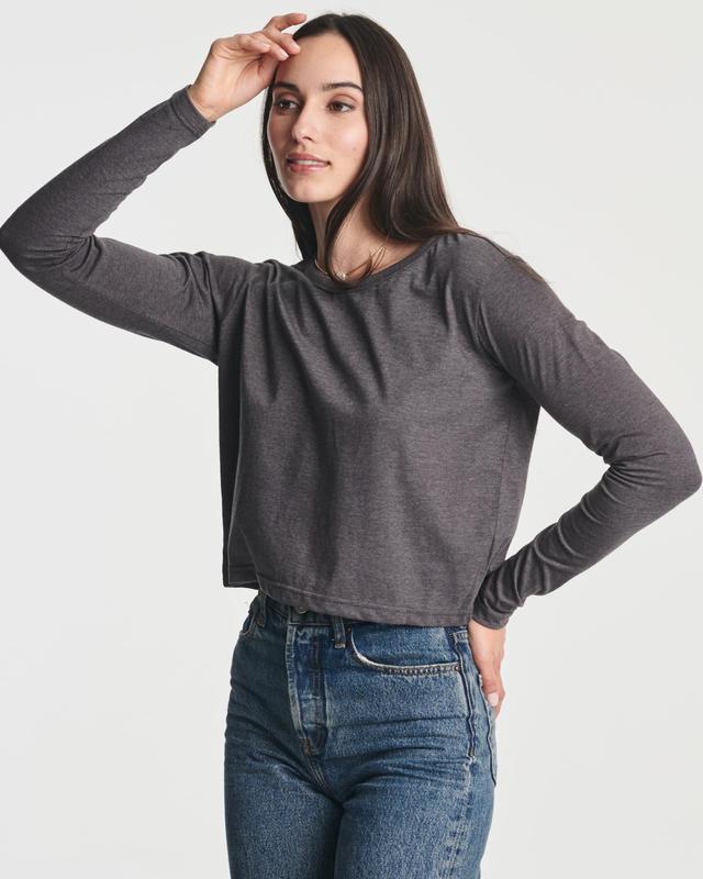 Real Essentials 4 Pack: Women's Cotton Long Sleeve Crew Crop Top - Casual Cropped T-Shirt (Available in Plus Size)