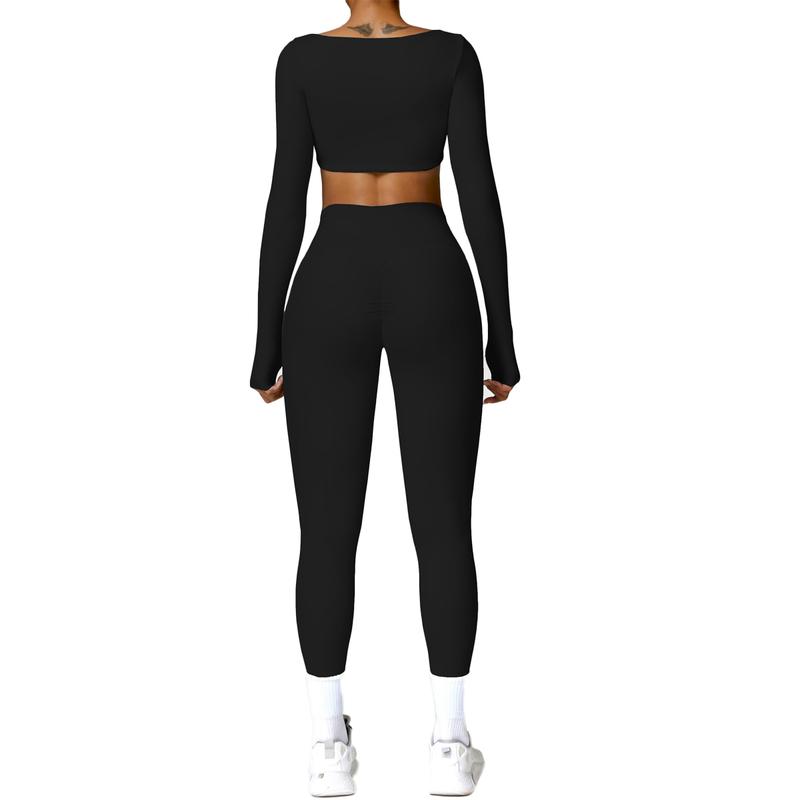 Workout Sets for Women 2 Piece Twist Front Long Sleeve Crop Tops High Waist Flared Leggings Gym Sets