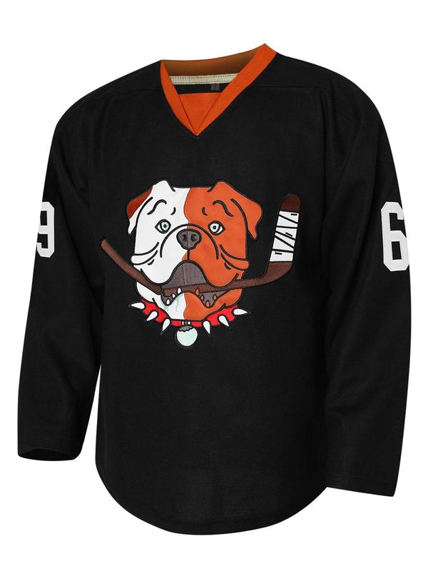 Men's Cartoon Dog & Letter Embroidery Hockey Jersey, Sporty Casual Vintage V Neck Long Sleeve Hockey Training Jersey for Daily Wear, Men's Sportswear for All Seasons