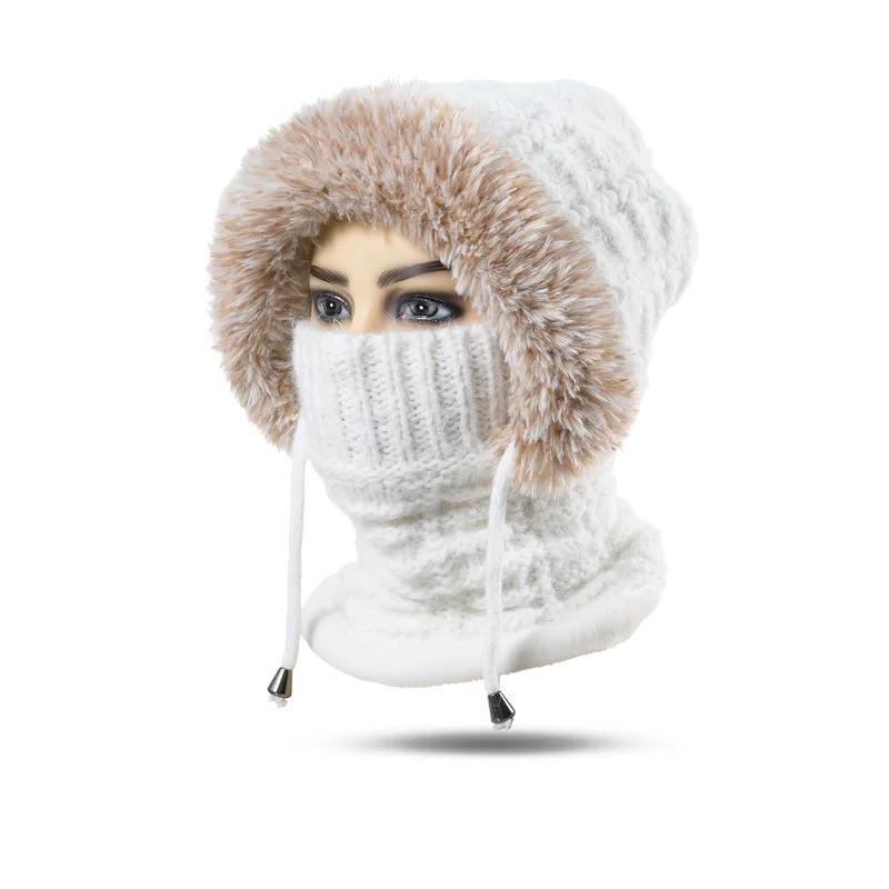 New Women Winter Knitted Woolen Balaclava Hat Ear Protection Mask Neck Integrated Warmth Cover Hat Outdoor Hike Cycling Cap