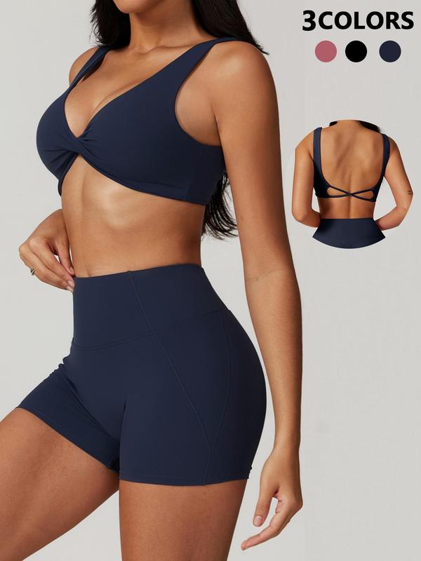 Two-Piece Set Women's Twist Criss Cross Backless Sports Bra & High Waist Biker Shorts Tracksuit Set, Sporty Comfy Breathable Outfits for Workout Yoga Running, Ladies Sportswear for Indoor Outdoor Wear