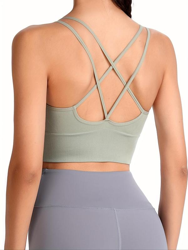 Sporty Women's Plain Criss Cross Back Wireless Sports Bra, Breathable Comfortable Quick Drying Sports Lingerie Top, Ladies Sportswear for Gym Workout Yoga