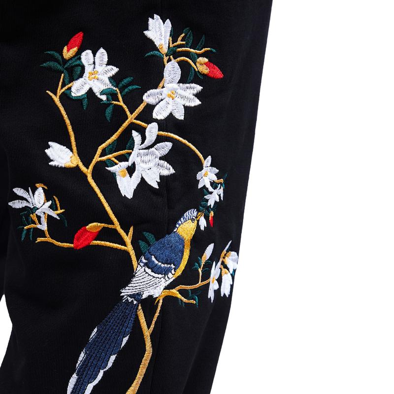 Niepce Black Embroidery Bird and Flowers Jogger Pants Japanese Streetwear Unisex Sweatpants