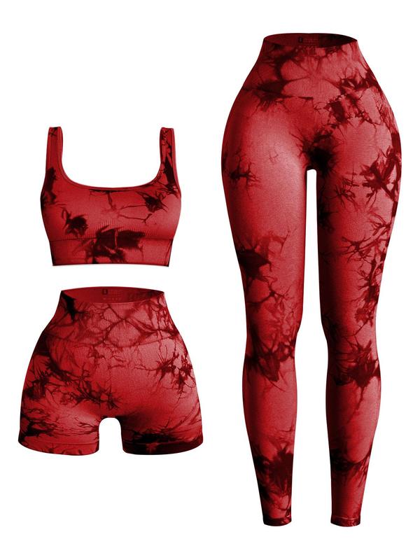 Three-piece Set Women's Tie Dye Print Tracksuit Set, Sporty Scoop Neck Crop Tank Top & High Waist Leggings & Skinny Shorts, Ladies Sportswear for Indoor Outdoor Wear