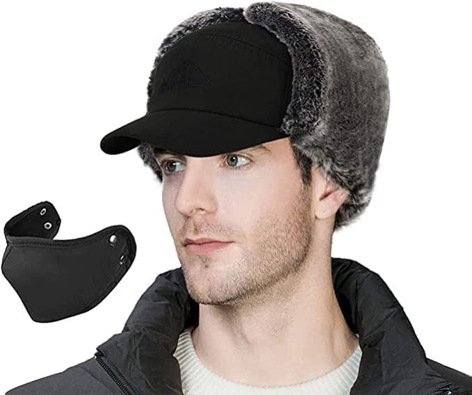 Mens Winter Windproof Warm Hat with Ear Flap Black Cold Weather Skiing Hunting Fishing Outdoor Adventure Gifts Trapper Hats for Men Women