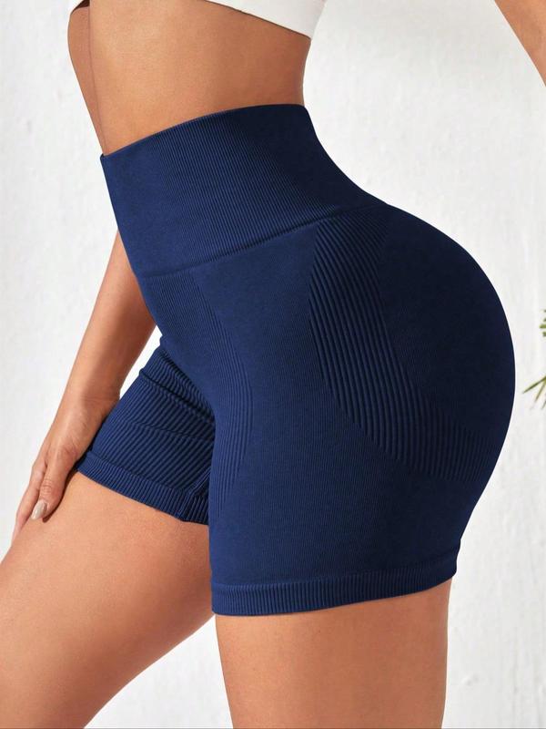Women's Solid Color Ribbed High Waist Sports Short Leggings, Quick Drying Breathable Comfortable Skinny Shorts, Ladies Sportswear for Indoor Outdoor Wear