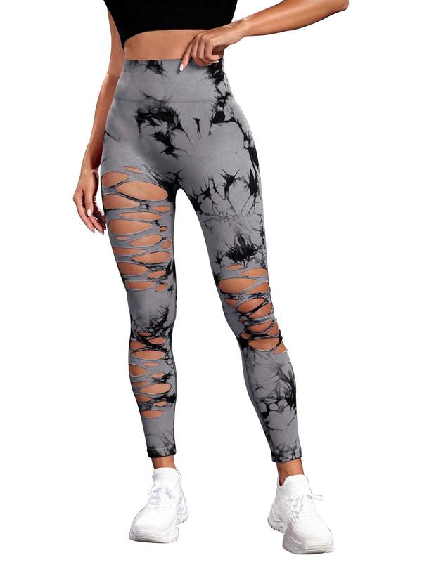 Women's Tie Dye Print Ripped High Waist Sports Leggings, Casual Comfy Breathable Skinny Pants for Yoga Gym Workout Running, Ladies Sportswear for All Seasons, Tummy Control